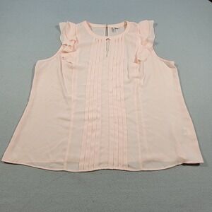 ELLE‎ Sleeveless Ruffle Blouse Pintuck Pleats Sheer Top Pink Women's Size XL